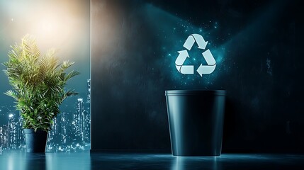 Modern Indoor Plant Setup with Recycling Symbol in Bright Urban Environment for Eco-Friendly Lifestyle Promotion