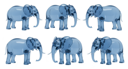 Transparent blue elephant statues arranged in a row on a white studio background concept for design or illustration