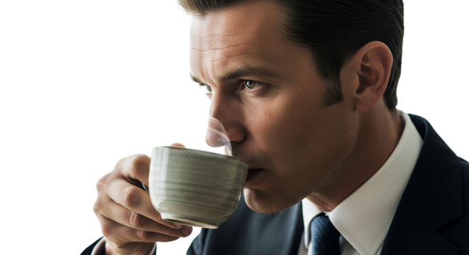 Businessman drinking hot beverage close up morning routine