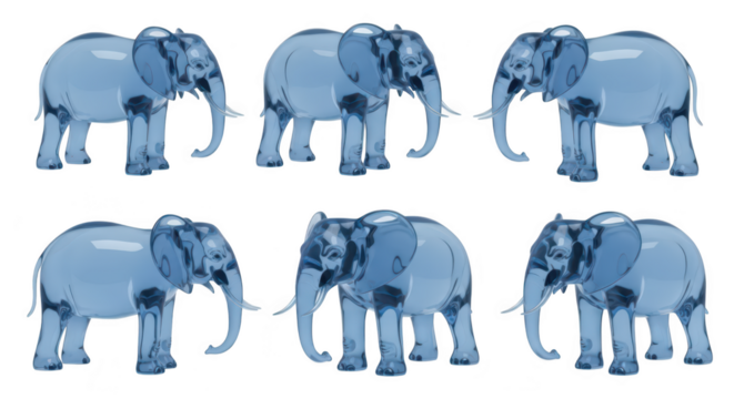 Transparent blue elephant statues arranged in a row on a white studio background concept for design or illustration - Powered by Adobe