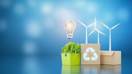 Light Bulb Above Green Plants with Wind Turbines and Recycle Symbols in a Bright Blue Environment for Sustainability Concepts