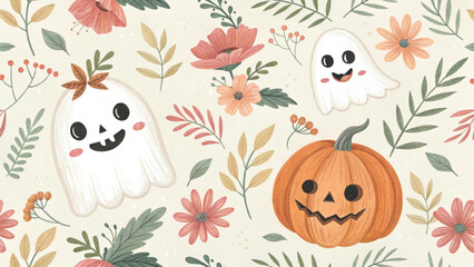 Seamless Halloween pattern featuring cute pastel watercolor ghosts smiling pumpkins autumn flowers