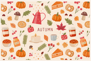 Cozy Autumnal Illustration with Pumpkins Leaves Tea and Treats on a Cream Background