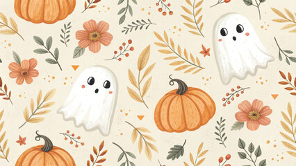 Seamless Halloween pattern featuring cute pastel watercolor ghosts smiling pumpkins autumn flowers