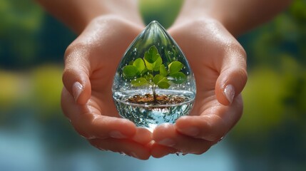 Woman holding drop of water protecting small plant