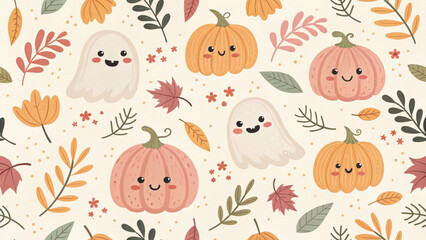 Seamless Halloween pattern featuring cute pastel watercolor ghosts smiling pumpkins autumn flowers