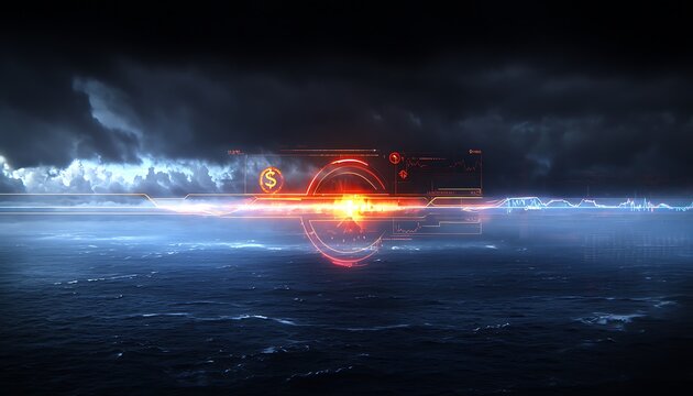 Abstract digital concept of finance and cryptocurrency over dark ocean waves and stormy sky background - Powered by Adobe