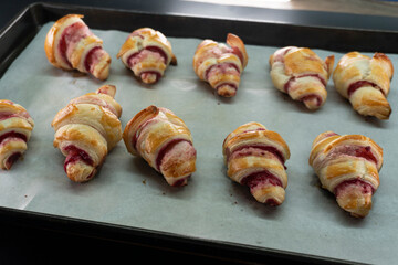 Croissants with raspberry jam. Dessert. Food concept