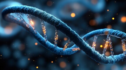 Dna double helix rotating showing glowing genes on dark blue background