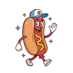 Cheerful Cartoon Hot Dog Mascot with Blue Cap and Mustard Topping in Whimsical Flat Vector Style