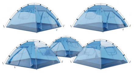 Five blue camping tents isolated on white background showcasing outdoor shelters for travel and adventure promoting vacation and recreation