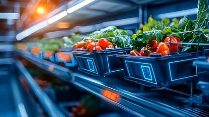 Fresh Produce Display in a High-Tech Grocery Store with Lush Greens and Vibrant Red Peppers on Shelves