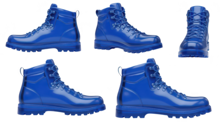 Glossy blue hiking boots in multiple angles are displayed on a blank white background suitable for product showcase or advertisement
