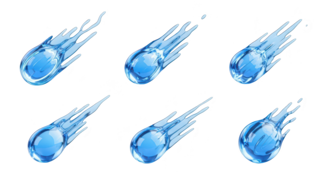 Six-frame sequence of a water comet falling against a white background; illustrating motion impact or scientific concept
