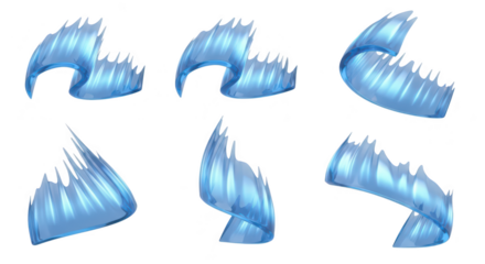 Six 3D rendered ice ribbon sculptures swirl floating on a white background for design elements concepts and visual metaphors