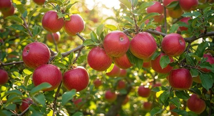 Close-up shot of a tree branch laden with ripe, red fruit, illuminated by warm sunlight filtering through the leaves