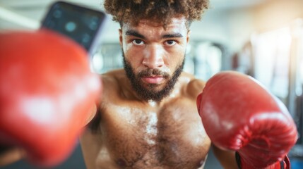 Athletic Man Recording Advanced Boxing Workout Tutorial on Smartphone for Online Channel