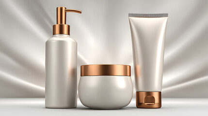 Elegant set of three cosmetic products with pump bottle, cream jar, and tube, featuring luxurious design with metallic accents on silky background