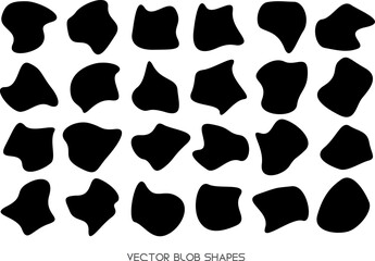 Set of black blob shapes in organic and irregular forms. Ideal for backgrounds, sale sticker web design or poster graphics. Vector illustration fluid blobs and dynamic sticker form silhouettes.
