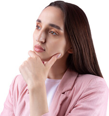 Fototapeta premium Portrait of beautiful young woman in pink jacket thinking isolated on red background