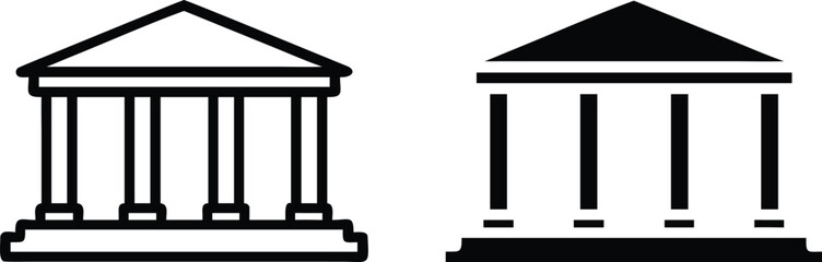 Government Building Icon Set – Vector Bank Institution Symbol in Black and White