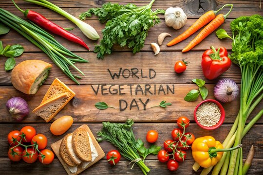 Photo of a spread of fresh vegetarian foods including vegetables, bread, and herbs on a rustic wooden surface for world vegetarian day