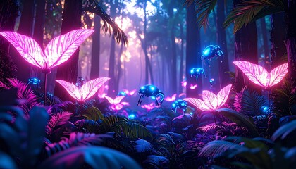 Bioluminescent Forest with Holographic Leaves