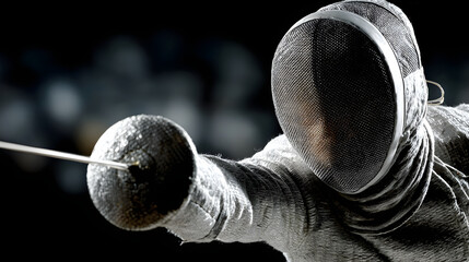 Dynamic mid action shot of female fencer lunging forward with focus and determination, showcasing intensity of sport. fencer is in full gear, including mask and protective clothing