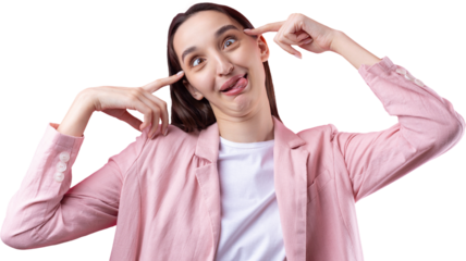 Portrait of beautiful young woman in pink jacket thinking isolated on red background