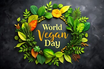 Photo of world vegan day message displayed within a decorative wreath of fresh green leaves and herbs on a dark textured background
