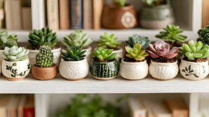 Collection of elegant ceramic planters with various succulents displayed on minimalist shelf, creating serene and natural atmosphere. diverse shapes and colors of plants add vibrancy