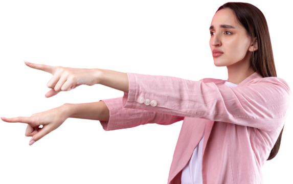 Portrait of beautiful young woman in pink jacket thinking isolated on red background