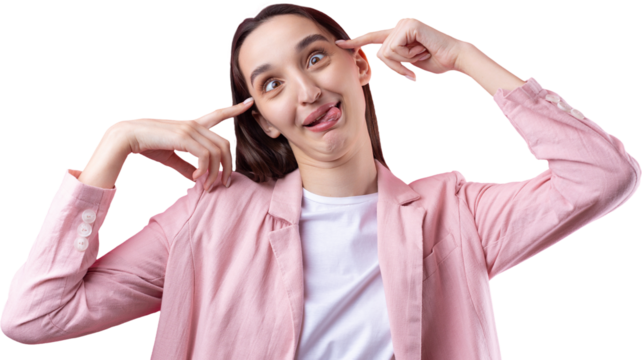 Portrait of beautiful young woman in pink jacket thinking isolated on red background