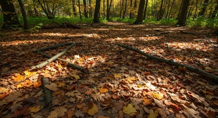 Obraz premium Sunlight filtering through autumn leaves on forest floor