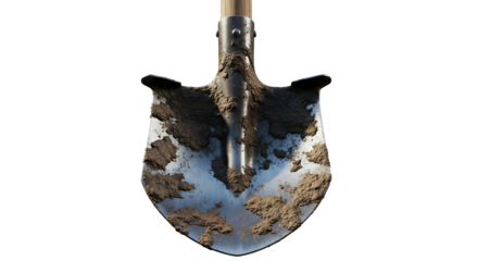 Closeup of a muddy shovel on white background