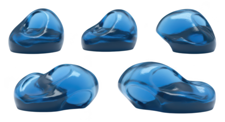 Blue water droplet art in various poses isolated on white background showing different perspectives useful for abstract concepts