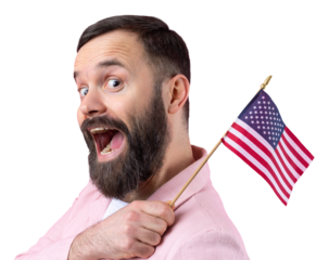 Portrait of a satisfied young man with a beard with an American flag on a red studio background. Great US patriot and defender of freedom.