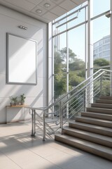 Bright and modern staircase with large windows, perfect for showcasing open spaces and contemporary design.