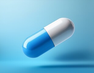 3d render of a white and blue capsule floating on a light blue pastel background minimalistic close up with soft lighting volumetric effects and high resolution detailed octane rendering