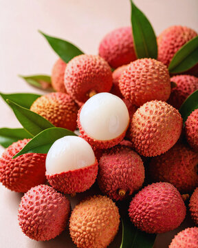Fresh red lychee with green leaves rests on a wooden table, a sweet, juicy summer fruit