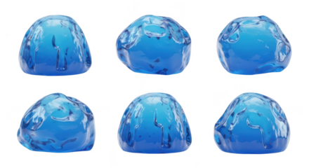 Six abstract blue gelatinous forms in various perspectives against a white backdrop for conceptual or visual art use