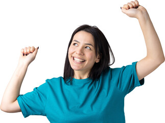 Close up portrait of attractive shouting in winning smiling with raised fists young she her girl...