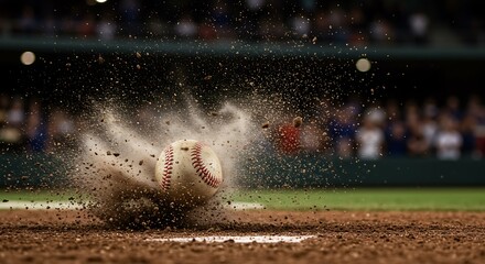 A baseball lands hard on the dirt near home plate, kicking up a dramatic cloud of dust during a game.