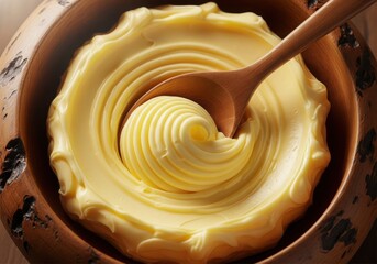 Creamy butter swirl with wooden spoon in rustic bowl