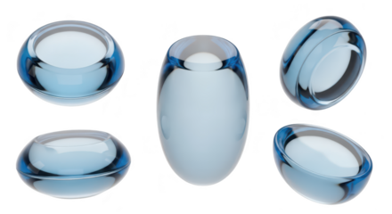 Five blue glass vases isolated against a white background showcasing unique shapes Suitable for interior design concepts decoration or product mockups