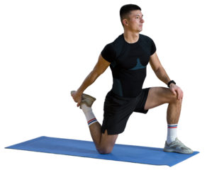 Athletic guy in sportswear and fitness tracker doing exercises in gym.