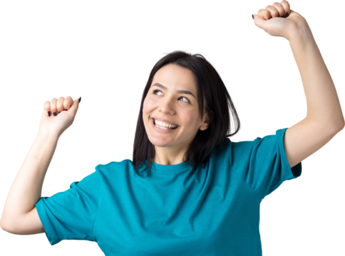 Close up portrait of attractive shouting in winning smiling with raised fists young she her girl wearing jeans shirt clothes isolated on grey background