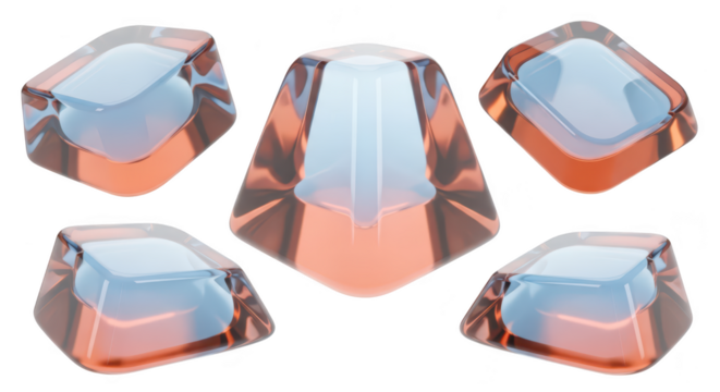 Translucent geometric crystal forms arranged in a group creating an abstract composition with reflections shot against a white background perfect for design