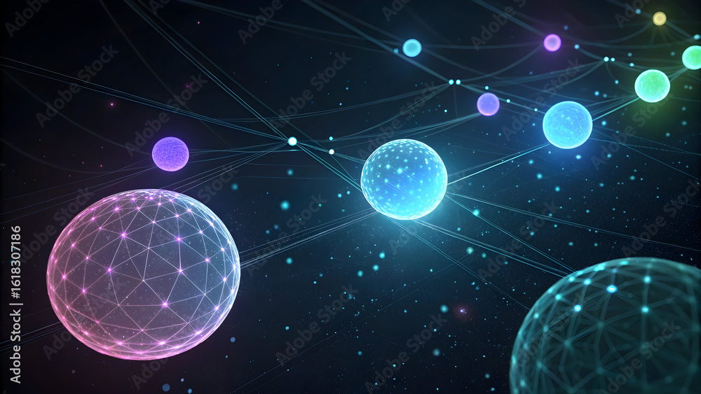 Wall mural glowing spheres connected by lines in a digital network galaxy abstract background technology new la