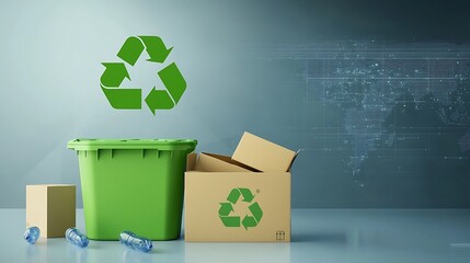 Recycling Bin with Symbols of Sustainability and Cardboard Boxes on a Modern Background for Eco-Friendly Concepts